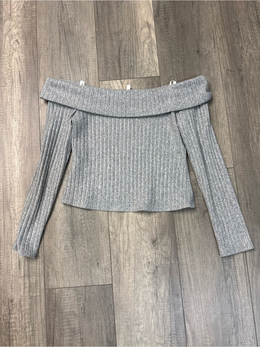 BCBGeneration Gray Ribbed Off-the-Shoulder Sweater